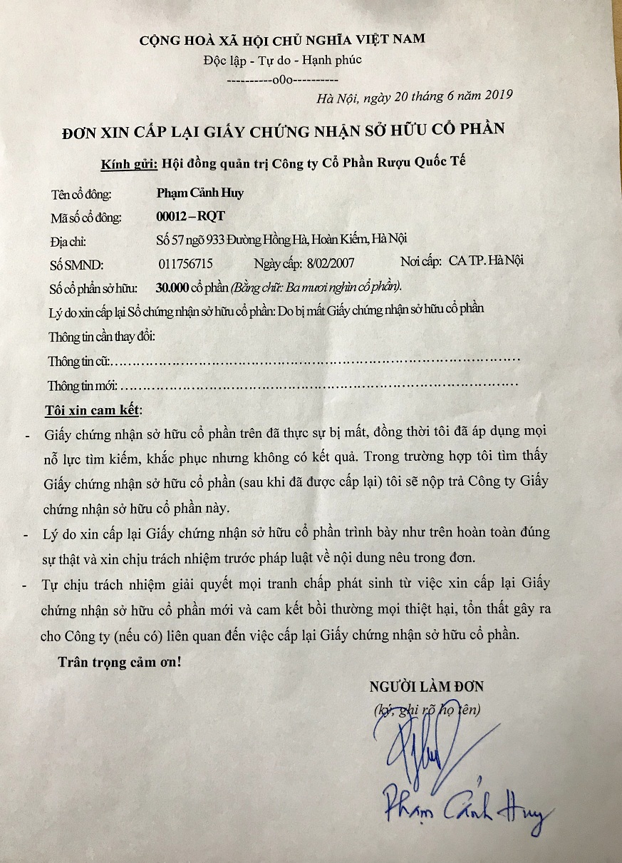 Đơn cấp lại sở hữu cổ phần của cổ đông Phạm Cảnh Huy 27-06-2019